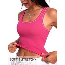 Women Rib Tank Top Padded Workout Top Square Neck Crop Tank Fitted Basic Cami Tops - Hot Pink - View 6