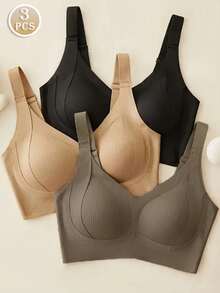 Set de 3 sujetadores deportivos sin costuras, transpirables y inalámbricos para mujeres - Cobertura total, antideslizante, con elevación y soporte, ajuste cómodo con detalles acanalados, mezcla de nailon y elastano, lavar a mano - unicolor elegantes - Negro+Albaricoque+Marrón - Ver 1