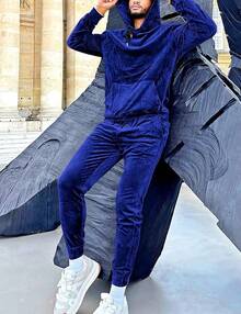 Mens 2 Piece Velour Hoodie Tracksuit Long Sleeve Velvet Hooded Pullover Casual Athletic Jogging Sweatsuit Set-2025 - Xanh đậm - Xem 9