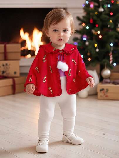 Kids Plaid Cape Adorable Ruffled Doll Collar Snowflake Pattern Cloak  Baby Shawl With Tie Closure