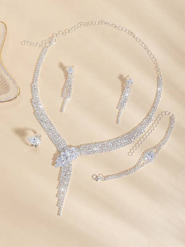 4pcs Sparkling Luxury Crystal Jewelry Set, Necklace, Earrings, Ring, Bracelet, Fashion Bridal Wedding Party Dress Accessories