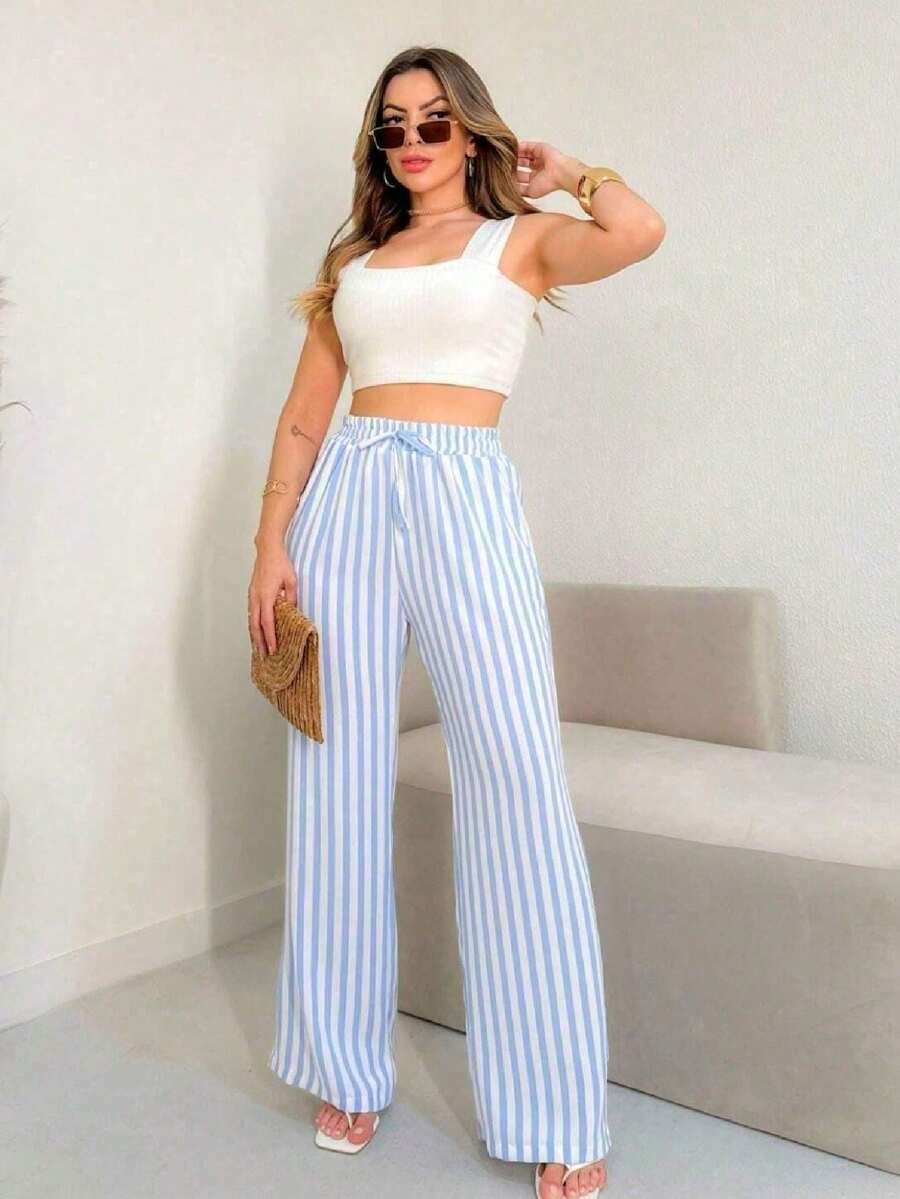 Wide Leg Striped Elastic Palazzo Pants With Pockets - Baby Blue - View 1