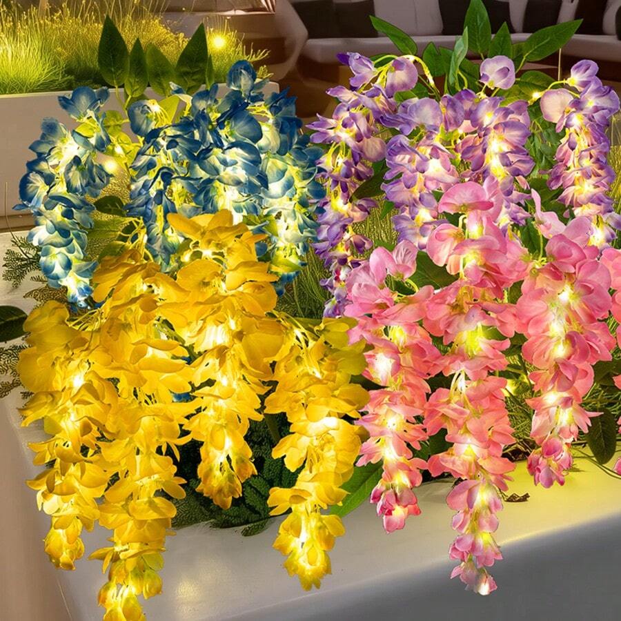 10Pcs Solar Wisteria Flower LED Light, Outdoor Garden Patio Decorative Lamp, 52pcs Beads, Dual Mode (Normal & Blinking), Plastic Material, Light Sensor Control, Removable Photovoltaic, Solar Charging Nickel Battery, Outdoor Illumination|Vibrant Garden Decor|Realistic Flower Shape, Solar Garden Lights(Pink, Blue, Yellow, Purple) - 紫藤花 - 查看 1