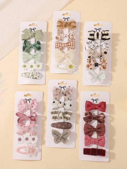 5pcs Cute Fabric Bowknot Hair Clips, Girls Children Hair Accessories For Holiday Party, Ponytail Clips, Travel Style, Baby Hair Clips