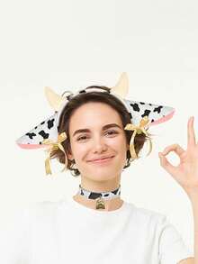 2pcs Uniform Size Universal Black And White Bull Ear Headband + Tail Bell Set Cosplay Accessories,Party - White - View 3