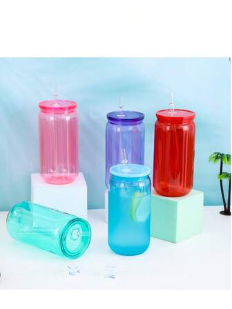 1PC 16OZ Colorful Cute Plastic Cup With Lid And Straw Iced Coffee Water Bottles Outdoor Tumbler Drinking Bottle For Party Tea Personalized Creative Simple Cup