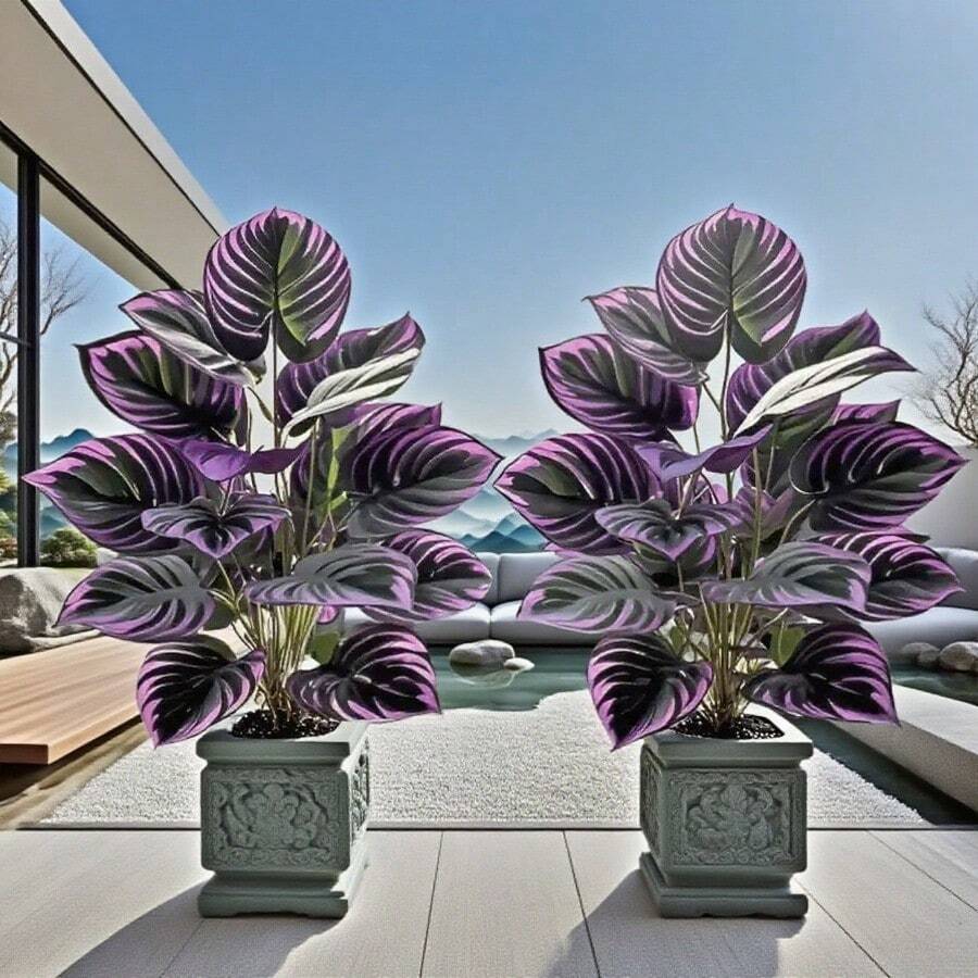 1pcs Outdoor Artificial Green Plants, Villa Courtyard Garden Decor Outdoor & Home Office Decoration, Perfect For Christmas, Halloween, Palm Festival & Valentine's Day - Pot Not Included - Purple - View 1