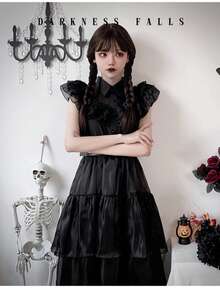 星期三亚当斯吸血鬼新娘哥特式角色扮演服装，万圣节深色迷你连衣裙