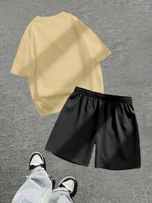 Men's Short Sleeved Shorts Set 2-Piece, Spring And Autumn Style Short Sleeved T-Shirt+Shorts, Soft And Comfortable, Machine Washable, Dry Cleanable, High-Quality - Artistic Font Slogan - Printed Pattern Pullover+Pants,  Hip-Hop Style, Suitable For Festivals, Back To School, Streets, Outdoor Outings - Apricot+Black(杏色+黑色) - 查看 2