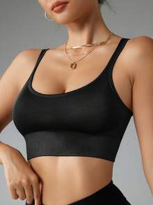 1pc Women's Racerback Bra, Wireless Removable Padded Bra - Black - View 4