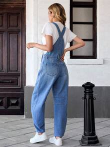 Nuovi salopette di jeans classiche e carine per donna, pantaloni a vita alta larghi a gamba ampia con molteplici tasche pratiche, tessuto morbido adatto a varie occasioni casual come scuola, viaggio, appuntamenti e shopping - Blu lavato medio - Visualizzare 5