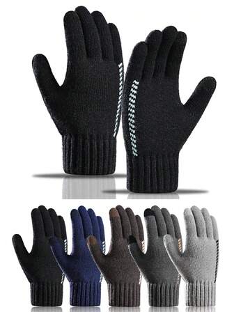 1 Pair Boys' Winter Knitted Touchscreen Gloves, Outdoor Cycling Five-Finger Warm Gloves, Suitable For Boys Aged 12+ For Outdoor And Casual Wear