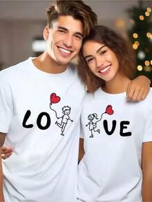 1 Pc Men's Matching Couple T-Shirts - White Love Graphic Tees With Bold LOVE Lettering - Valentine's Day Gifts, Anniversary Couples Outfits - Machine Washable Casual Shirts For Him & Her - Ideal Couple's Apparel, Cute T Shirts, Couples Holiday Wear, Relaxed Fit Tshirts, Comfortable Clothing - 男士 - 查看 2