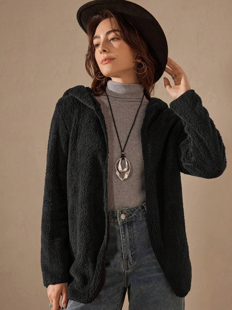 Wildy 女式休闲宽松黑色双面羊毛连帽夹克，秋冬