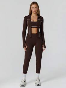 MASKERT 女士套装拼布外套女瑜伽服运动服健身服弹力拼布长裤紧身跑步服柔软舒适居家休闲 - 巧克力棕 - 查看 5