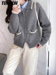 Tonlion 女式休闲复古风格撞色饰边领拉链开衫，秋冬