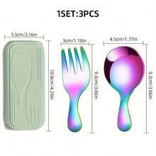 1 Piece 3 Sets Portable Tableware, 304 Stainless Steel Short Handle Round Spoon Fork Combination With Mini Spoon, Small Round Spatula Fork, Including Mini Ice Cream Spoon, Multi-Purpose Stainless Steel Seasoning Salt Spoon Suitable For Coffee, Desserts, Cakes - Ideal For Outdoor Use, Parties, Kitchen Utensils, Novelty Gifts - 綠色的 - 查看 2
