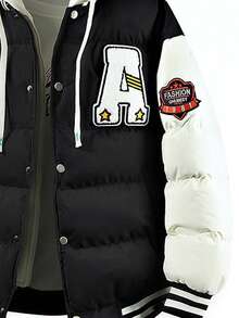 Men's Front Zipper Long Sleeve Letter Print Hooded Padded Coat, Casual Everyday Wear , Fall Winter