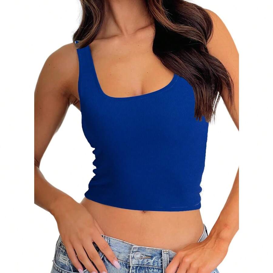 Women Rib Tank Top Padded Workout Top Square Neck Crop Tank Fitted Basic Cami Tops - Little Blue - View 1