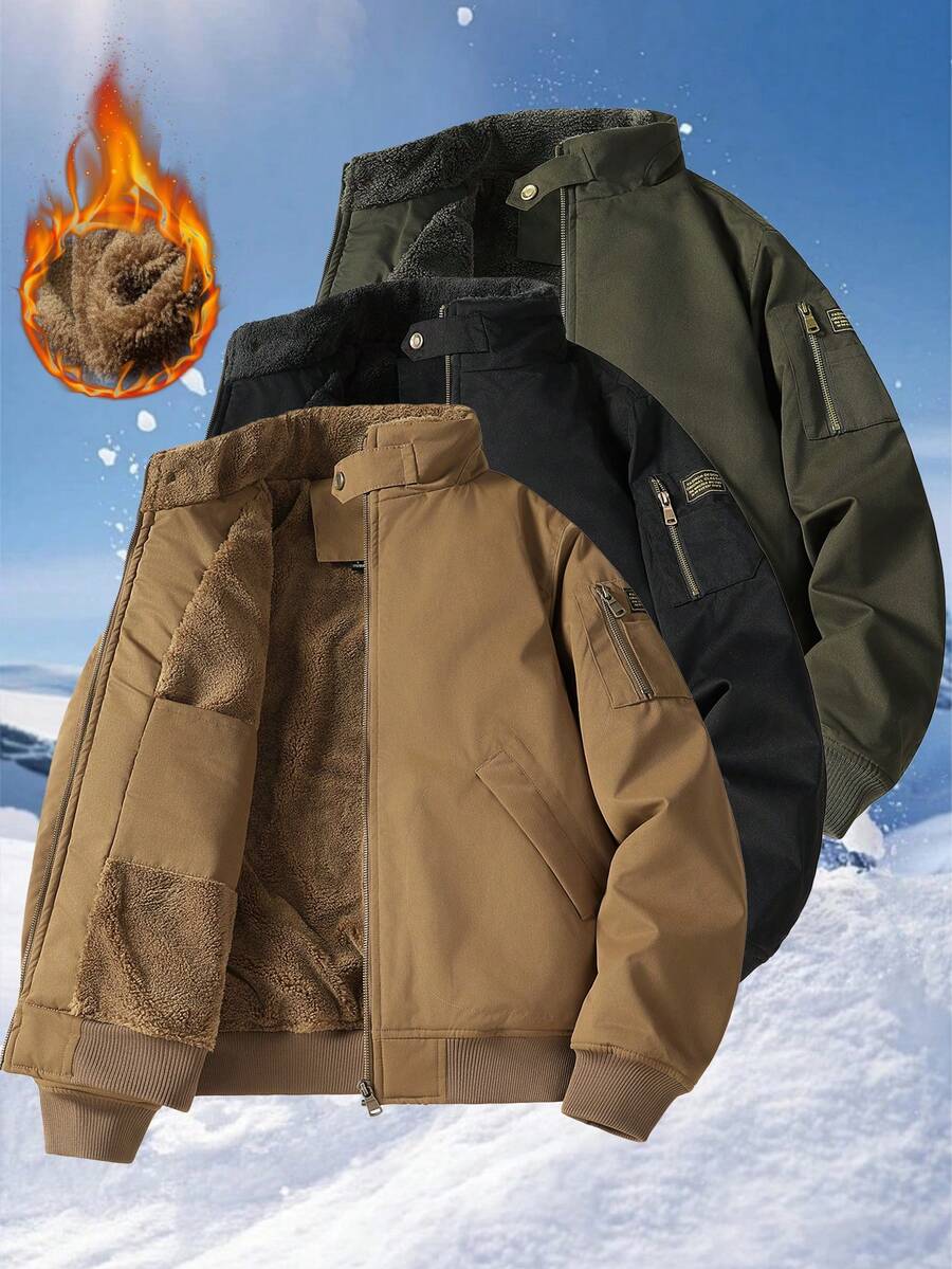 男士冬季户外抓绒外套，两侧带口袋，适合步行、工作、旅行等场合。