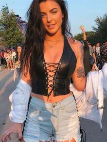 2025 New Women's Halter Neck Lace-Up PU Crop Top, Navel-Exposed Fashion Vest, Trendy Hollow Design, Sexy Party Outfit, Summer Festival Top - Negro - Ver 4