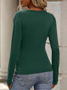 Women's Casual V-Neck Long Sleeve Top Autumn & Winter Versatile For Commute Office & Home - 綠色 - 查看 3
