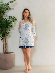 KIARA BRAZIL Vestido Curto Indiano Boho Chic com Estampa Astrológica de Sol e Lua, Decote V e Manga Longa Perfeito para o Verão-GE00290 - Branco - Visão 2