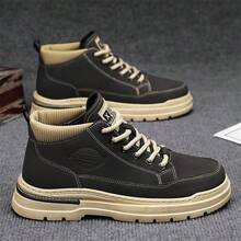 New Men's High-Top Boots, Letter Print, Utility Style, Lace-Up, Metal Eyelets, Suitable For Outdoor, All Season