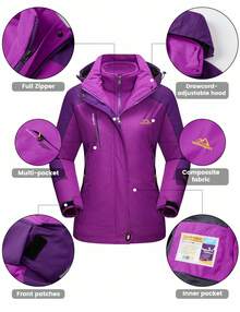 KEFITEVD Women's 3-IN-1 Jackets Waterproof Fleece Jacket Outdoor Skiing Snowboarding Coat - Màu tím - Xem 6