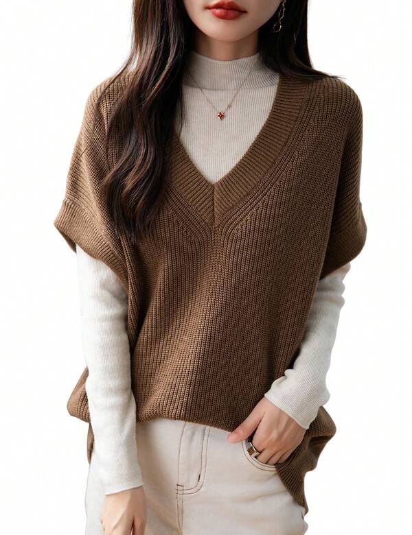 Women's Merino Wool Blend Sweater Vest 2025 Fall Winter Casual V-Neck Striped Long Sleeve Knit Pullover Sweater Vest