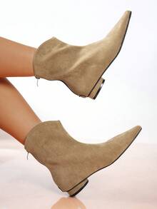 秋冬女士踝靴，绿色，时尚，舒适粗跟，尖头，后拉链，保暖，休闲，适合派对，性感，弹性鞋带，西部风格，牛仔靴 - 卡其色 - 查看 4