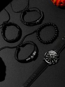 5PCS Simple Casual Quartz Watch For Boys, Round Dial With Roman Dial, PU Strap, With Bracelet Set, Is The Best Gift For Boys, Suitable For Birthdays, Festivals And Couple Gifting