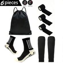 5pcs/Set Football/Soccer Accessories Set, Includes Waterproof Drawstring Bag, Non-Slip Football Socks, Leg Sleeves, Self-Adhesive Sports Bandages, Youth Sports Training High Leg Sleeves