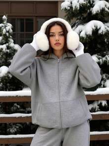 2 pezzi Set di felpa con cappuccio e pantaloni in vita elastica di colore unito, adatto per sci, attività all'aperto, ufficio, casual, primavera, autunno, inverno - fiore grigio - Visualizzare 5