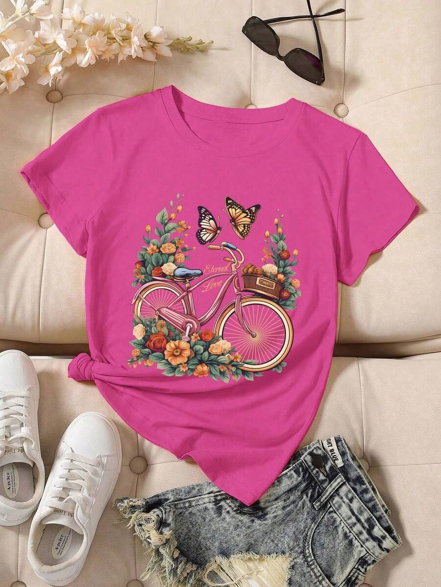 Mujer casual estampado bicicleta y mariposas ajuste holgado cuello redondo manga corta primavera verano uso diario camiseta - Rojo - Ver 1