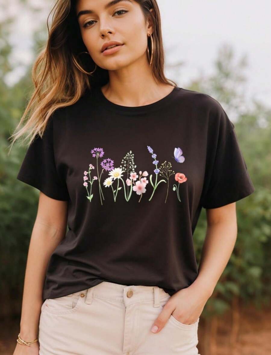 Embrace The Beauty Of Simplicity With A Piece That's Minimal But Never Mundane . It's Affordably Priced Without Compromising On Quality, Making It Easy To Stock Up Or Experiment With Different Styles. Whether You're A Student, Professional, Or Fashion Enthusiast, This Black Short Sleeve Tee Delivers Style, Comfort, And Value In One Essential Piece. Black Long Sleeve With Popular Colors, Animal Patterns, Geometric Patterns, Tie Dye Patterns, Floral Patterns, Millennial Spicy Girl Style, Y2K Style, Basic Patterns, Floral Patterns, Loose,Fall Outfit For Women, Christmas Outfit Women,Tops,Fall Clothes For Women,Vestidos Elegantes De Mujer,Winter Clothes For Women,Niche Vitality, Plus A Comfortable Fit - 黑色 - 查看 1