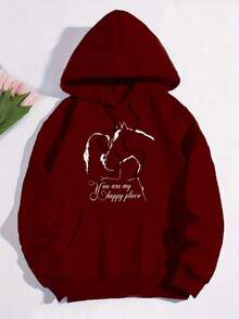 Girl And Horse Pattern  Pocket Hoodie, Casual Long Sleeve Drawstring Sweatshirt, Women's Clothing - 黑色 - 查看 5