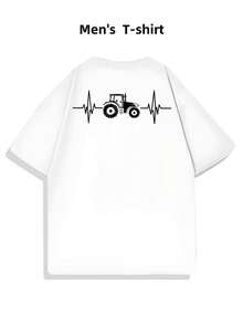 Vintage Graphic Tractor Heartbeat T-Shirt, Men's Double-Sided Print T-Shirt, , Casual, Crew Neck, 220 G/M², Pure Cotton (1 Piece), Summer Tops - 白色 - 查看 3
