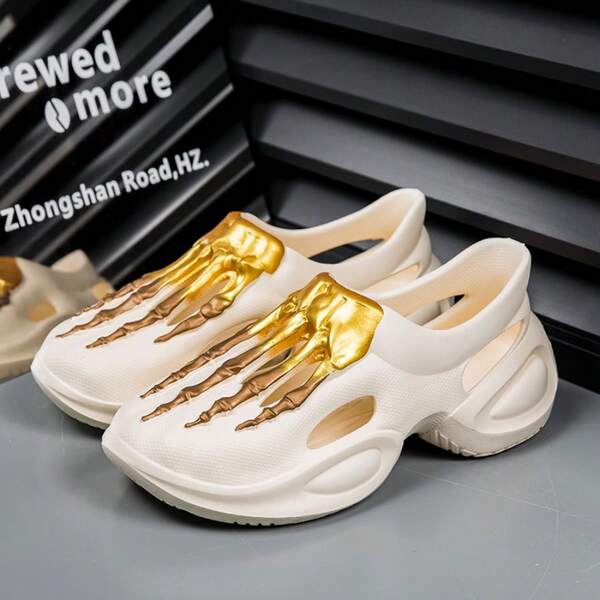 Platinum Halloween Skeleton Claw Perforated Slip-On Sandals, Breathable Non-Slip Men's Perforated Sandals, Party Cool Perforated Sandals For Spring/Summer