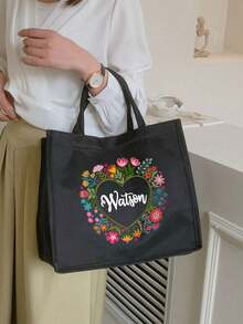 两件套，可定制姓名，彩色花环图案手提包和化妆包套装，女士亚麻大容量手提包，购物袋，便携休闲收纳手提包，适合日常出行、海滩度假，大容量购物袋，是上学、生日、大学、工作、商务、通勤、户外、旅行、节日、圣诞礼物的理想之选。 - 黑色 - 查看 2