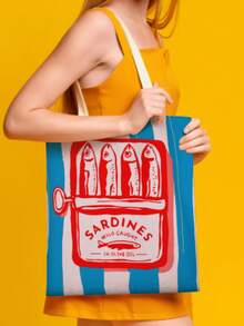 Fashionable Sardine Print Canvas Bag, Sardine Themed, Unisex Large Capacity Shoulder Bag, Shopping Bag, Lightweight Travel Luggage Bag, Reusable Student Commuter Canvas Bag, Suitable As Birthday Gift For Family And Friends - Multicolor - View 16