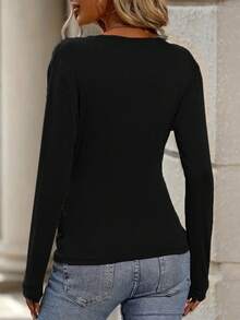 Women's Casual V-Neck Long Sleeve Top Autumn & Winter Versatile For Commute Office & Home - 黑色 - 查看 3