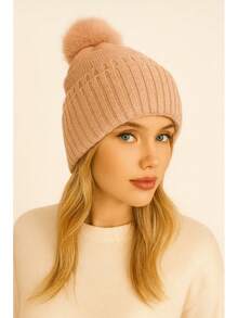 Women's Warm Fluffy Winter Hat, Fashion Wool Knitted Pom Pom Beanie, Warm And Versatile, 1 Piece, Cute. Women's Fluffy Pom Pom Knitted Hat, Perfect For Winter And Autumn. - Pink - View 3