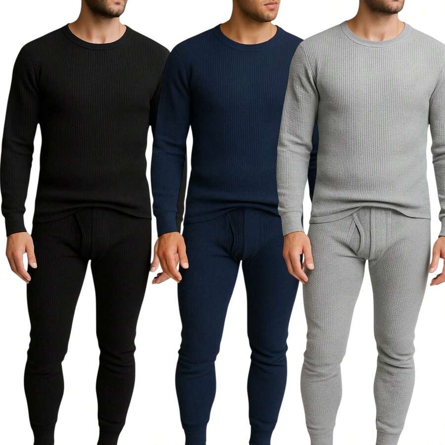 Men's 3 Pack Full Thermal Sets Ultra Soft 6 Piece Cotton Top And Bottom Set, Warm Cotton Long Johns, Winter Base Layer, Thermal Underwear For Men - 黑色/海軍藍/灰色 - 查看 1