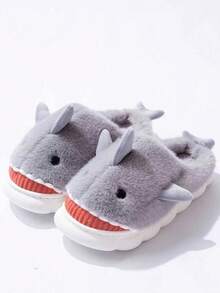 Men's Cartoon Shark Plush Lined Warm Slippers, Suitable For Indoor And Outdoor Wear, Autumn/Winter - Grey - View 9