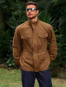 Mens Military Jacket Full Zip And Button  Field Jacket Multi Pocket Cargo Outdoor Coathalloween - 棕色 - 查看 9