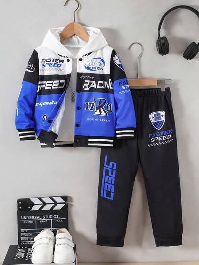 2-częściowy zestaw dla chłopców, outdoorowy, sportowy, swobodny, modny, patchworkowy, z nadrukiem w kształcie litery, z kołnierzem i zamkiem błyskawicznym, z długim rękawem, z kapturem i czarnymi spodniami z nadrukiem litery, jesienny