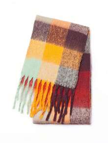 1条秋冬时尚条纹格纹抓绒保暖女士红色羊毛加厚围巾，保暖腈纶围巾，触感如羊绒般柔软，波西米亚休闲防风情侣披肩，舒适毯式围巾，适合日常穿着。 - 彩色 - 查看 4