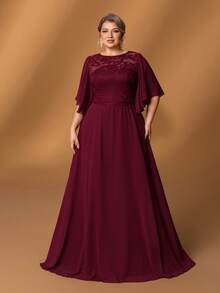 Faeriesty Mosy ​Elegant Plus-Size Round Neck Ruffled Sleeve A-Line Mother Of The Bride Dress | Lace Embellished Formal Gown For Wedding Ceremonies, Grand Galas, Upscale Banquets, Formal Dinners & Luxury Receptions​