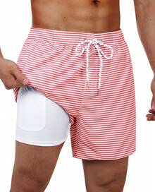 Bañador de hombre con forro de compresión, pantalón corto de baño de 5 pulgadas de entrepierna para hombres - Rayas rojas - Ver 1